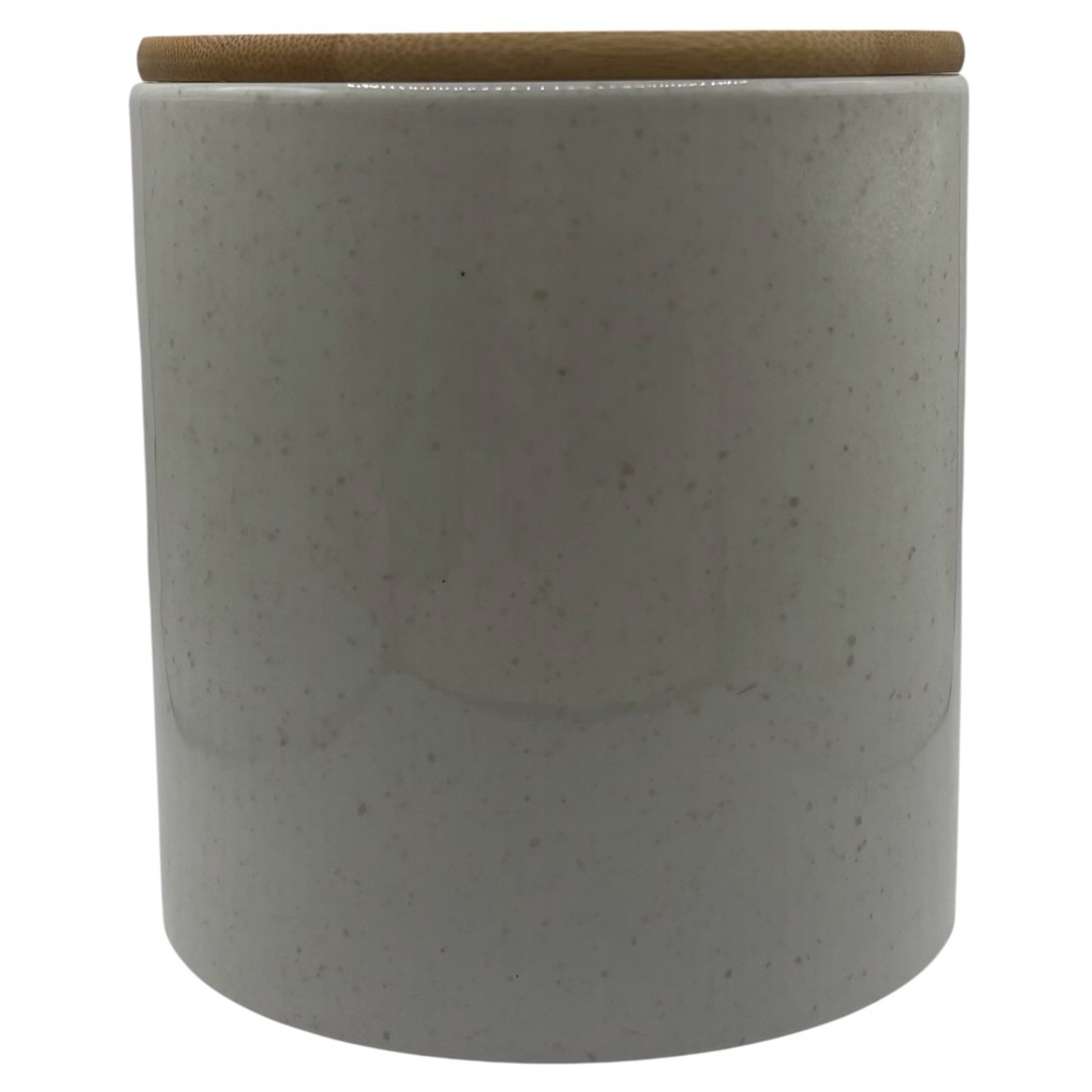 Ivory White Speckled Porcelain Canister Large Earthy Neutral Bamboo Lid
